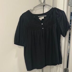 LOFT Black Puff Sleeve Blouse with Mandarin Collar